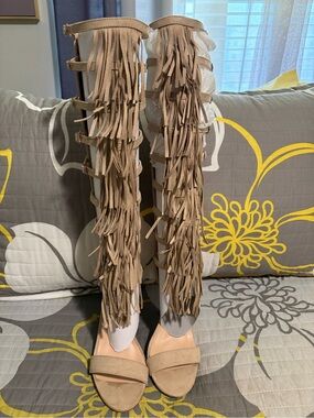 Fringe Gladiator Knee-High Sandals in Tan